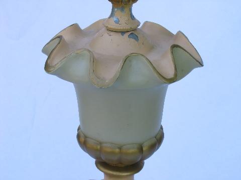 1950s vintage ornate metal lamp, milk glass reflector torchiere shade