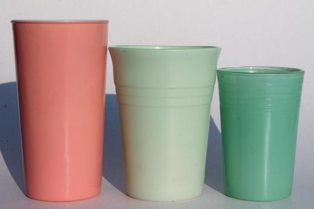 1950s vintage pink & jadite green glass tumblers, collection of drinking glasses for vases