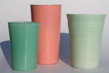 1950s vintage pink & jadite green glass tumblers, collection of drinking glasses for vases