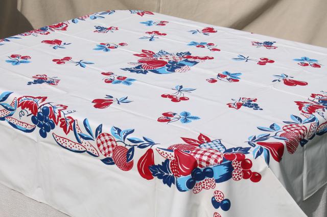 1950s vintage plastic tableclothw/ red & blue retro fruit, wipe-clean kitchen oilcloth