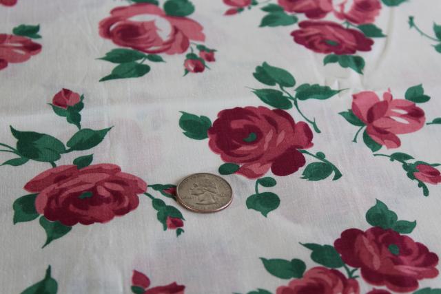 1950s vintage print cotton fabric w/ deep pink roses, cottage style floral