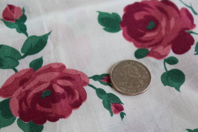 1950s vintage print cotton fabric w/ deep pink roses, cottage style floral