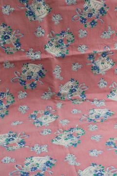 1950s vintage print cotton feed sack fabric, buckets of flowers on pink