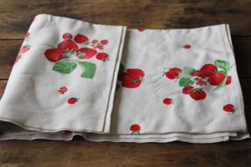 1950s vintage red strawberry print cotton tablecloth, retro cottage kitchen decor