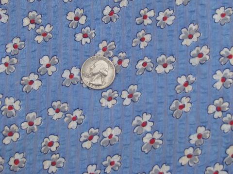 1950s vintage seersucker stripe light cotton fabric, flowers on blue
