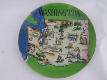 1950s vintage souvenir plate, Washington state map, hand-painted Japan