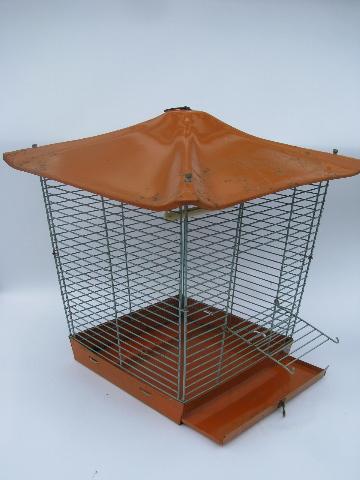 1950s vintage steel wire bird cage, canary birdcage w/ metal pagoda roof