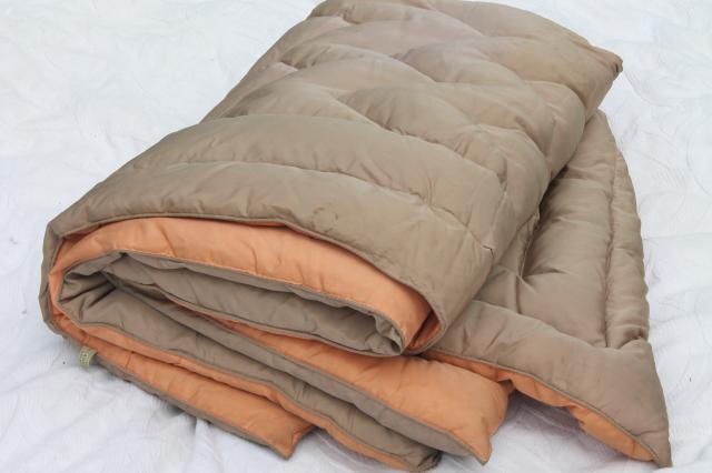 1950s vintage taffeta eiderdown, cocoa tan w/ coral reversible feather down filled comforter