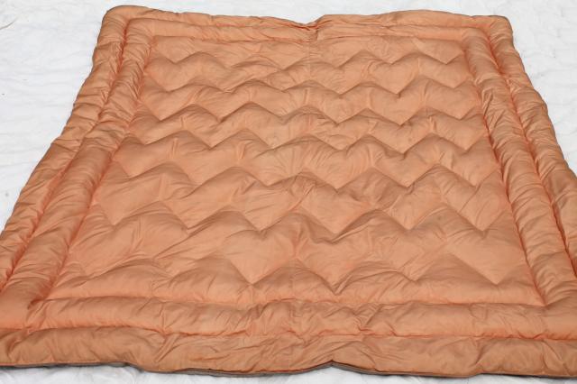 1950s vintage taffeta eiderdown, cocoa tan w/ coral reversible feather down filled comforter