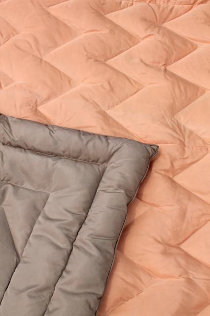 1950s vintage taffeta eiderdown, cocoa tan w/ coral reversible feather down filled comforter