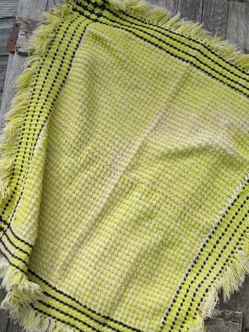 1950s vintage woven wool throw blanket, yellow & white w/ black