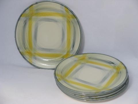1950s yellow / grey plaid dishes, vintage Vernonware Tweed, 6 plates