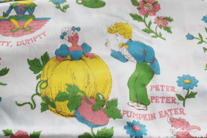 1960s vintage cotton fabric childs storybook nursery rhymes characters print