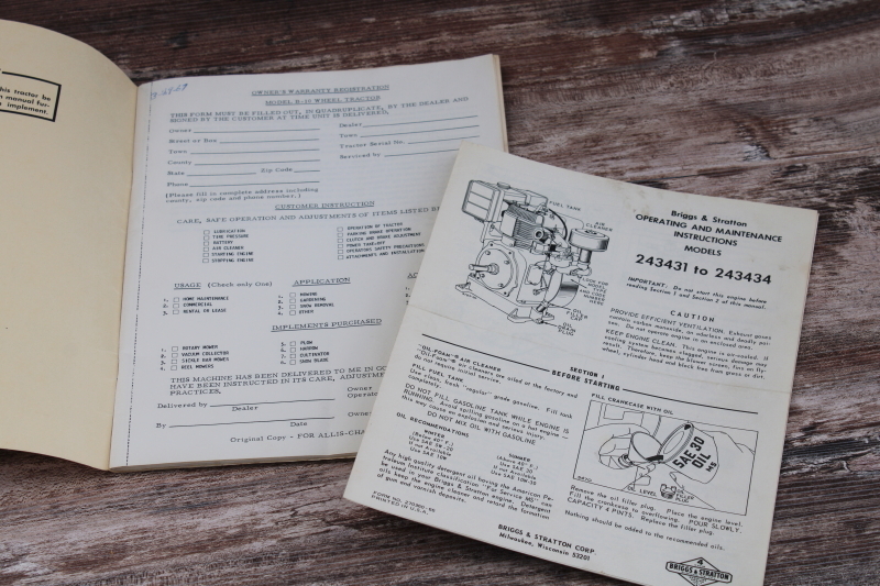 1960s vintage equipment manual Allis Chalmers B 10 wheel lawn tractor operation  care instructions