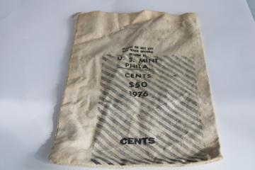 1970 US Mint cotton coin bag, 50 dollars in pennies 1976 Philadelphia 1977 Denver