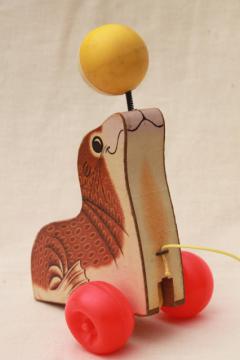 1970s vintage Fisher Price wood pull toy, circus seal in brown & white