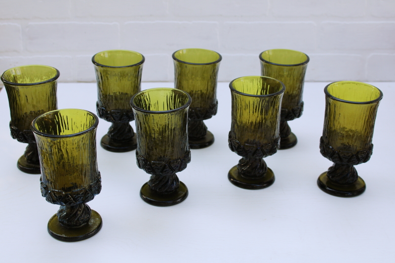 1970s vintage Fostoria Sorrento chunky water goblets or wine glasses, dark olive avocado green glass
