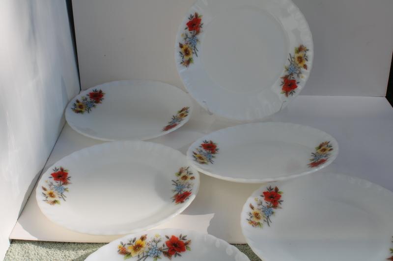 1970s vintage Korea milk glass plates w/ bright flowers, Fire King type glasswa