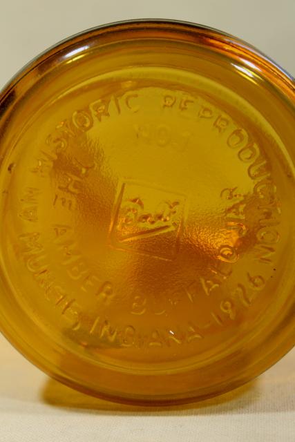 1970s vintage reproduction amber glass bottle, Buffalo Ball jar embossed mark canning jar
