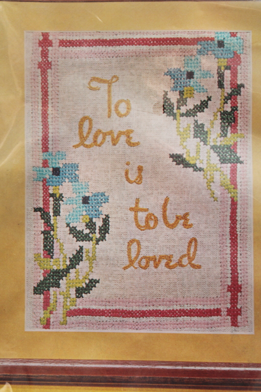 1970s vintage sealed kit crewel embroidery picture w/ motto To Love Is To Be Loved