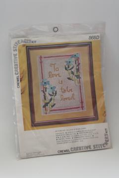 1970s vintage sealed kit crewel embroidery picture w/ motto To Love Is To Be Loved