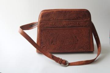 1970s vintage tooled leather shoulder bag purse, western style Avelar Mexico label