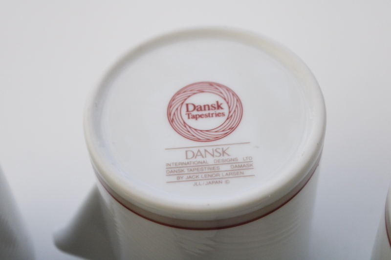 1980s mod Larsen Dansk Tapestries Damask vintage minimalist cream  sugar, two jars  one pitcher red