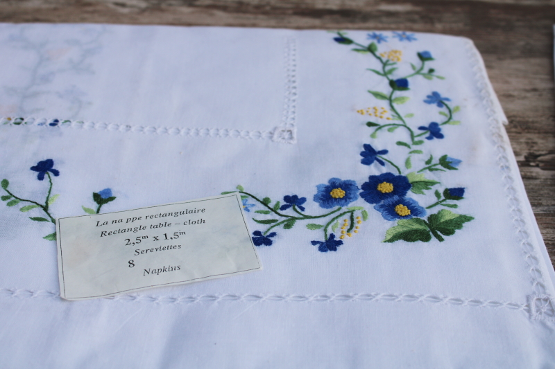 1980s vintage China embroidered cotton cutwork linens set large 94 x 52 tablecloth  8 napkins