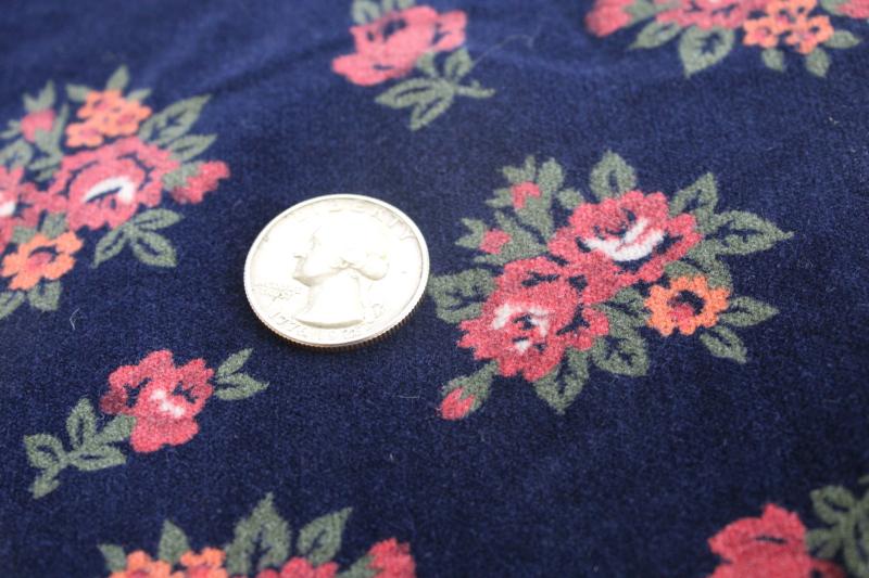 1980s vintage floral print cotton velveteen fabric, roses bouquets on navy blue