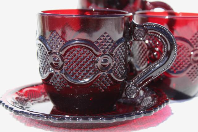 1990 vintage Avon Cape Cod ruby red glass cups and saucers, set of four