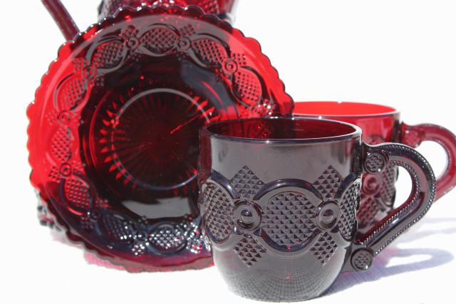 1990 vintage Avon Cape Cod ruby red glass cups and saucers, set of four