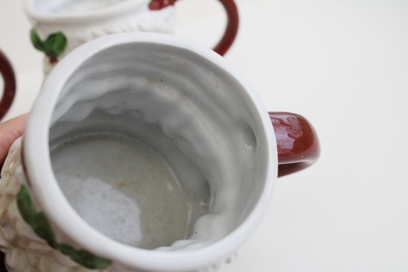 1990s vintage Santa head mugs, burgundy red hand painted ceramic mug set of 4