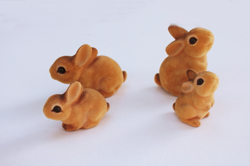 1990s vintage ceramic bunnies, family of rabbits figurines w/ flocked fur