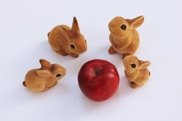 1990s vintage ceramic bunnies, family of rabbits figurines w/ flocked fur