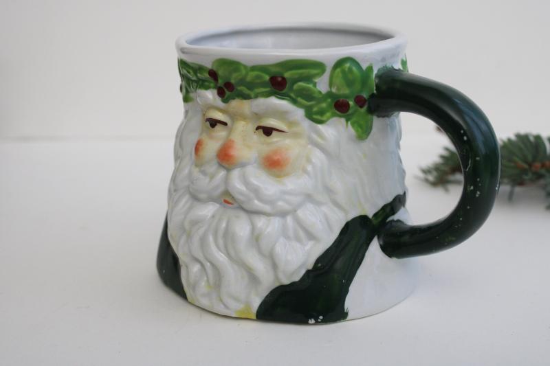 1990s vintage green St Nicholas Santa face mug, hand painted ceramic made in China