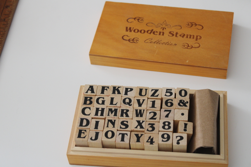 1990s vintage rubber stamps full set alphabet letters  numbers in wood storage box