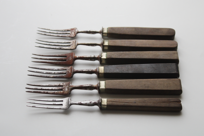 19th century antique steel forks w/ walnut wood handles, 1800s vintage three tine trident forks