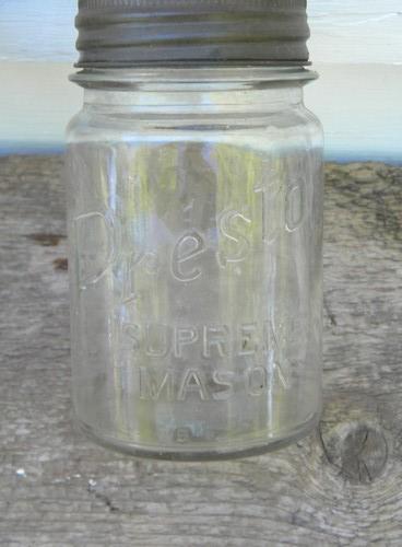 2 old 1 pint Presto Supreme mason jars w/ glass lids Owens-Corning