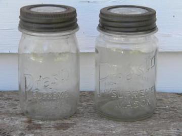 2 old 1 pint Presto Supreme mason jars w/ glass lids Owens-Corning