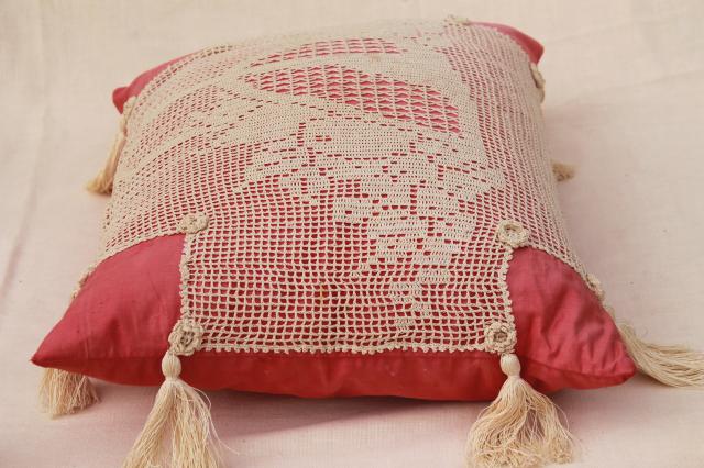 20s 30s vintage cushion or bed pillow, feather pillow w/ filet crochet lace & tassels