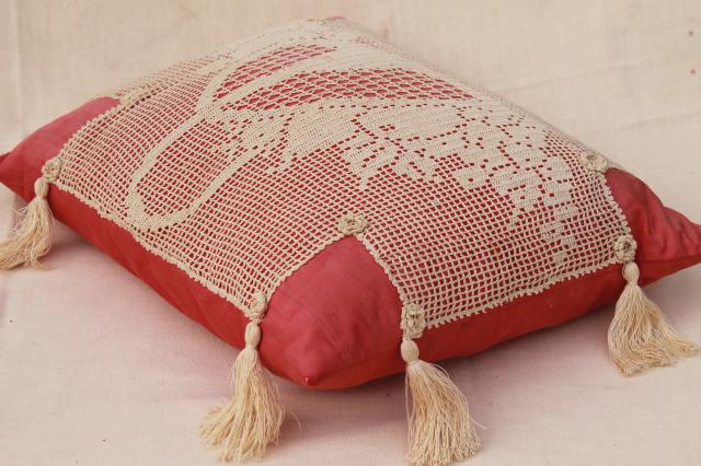 20s 30s vintage cushion or bed pillow, feather pillow w/ filet crochet lace & tassels