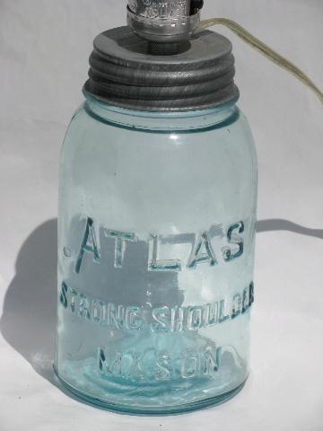 20s-30s vintage aqua blue glass fruit jar, wired as electric table lamp