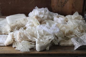 20th century vintage lace edgings lot, antique cotton eyelet, ruffled trims 90s prairie girl style