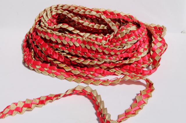 25 yards handmade woven ribbon garland, Scandinavian Christmas red & metallic gold