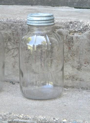 3 vintage glass jars w/metal lids for kitchen storage, pickles, fruit etc.