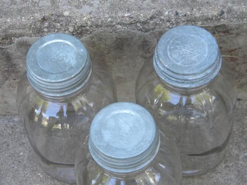 3 vintage glass jars w/metal lids for kitchen storage, pickles, fruit etc.