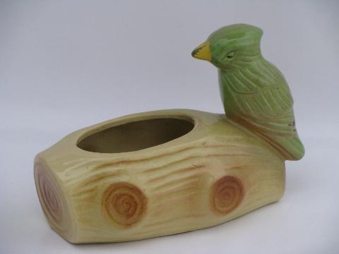 30s 40s vintage art pottery planter, handpainted parrot bird on tree log