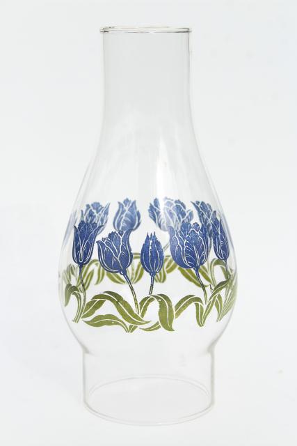 30s 40s vintage glass hurricane chimney lampshade, blue tulip print kitchen glass oil lamp shade