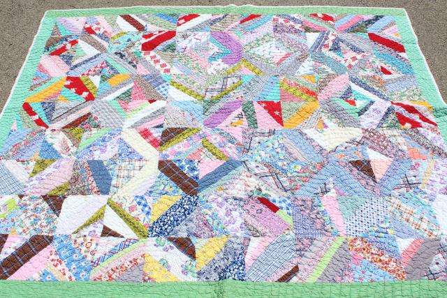 30s 40s vintage hand stitched patchwork quilt, cotton print fabric in