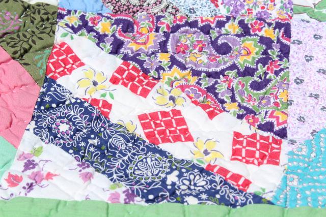 30s 40s vintage hand stitched patchwork quilt, cotton print fabric in all colors